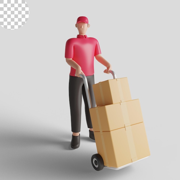 Ilustración 3d de un repartidor con una camisa roja que lleva un envío. psd premium