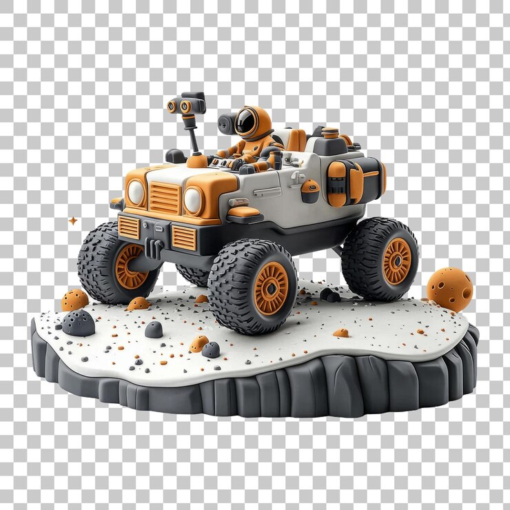 PSD ilustración 3d de un rover espacial naranja en la superficie de un planeta alienígena