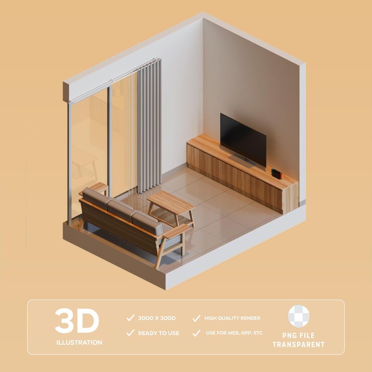 Ilustración 3D de la sala de estar isométrica de PSD