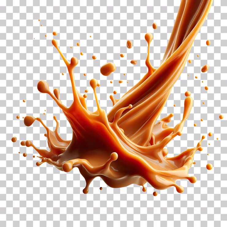 PSD ilustración en 3d de una salsa de caramelo líquido salpicando sobre un fondo transparente