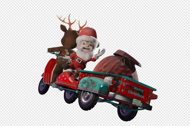 Ilustración 3d santa claus montado en scooter con caja de regalos