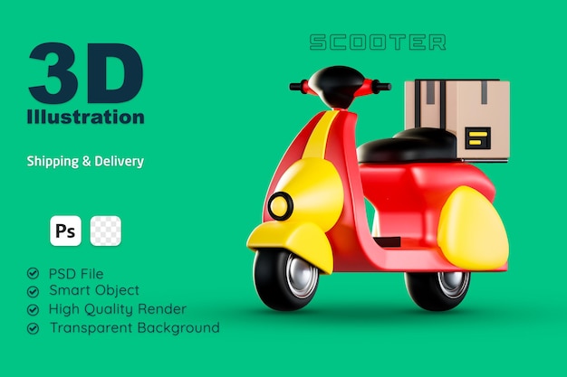 Ilustración 3d scooter con caja de entrega aislada sobre fondo transparente