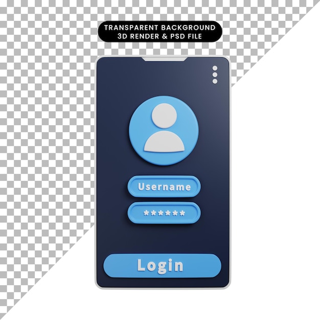 Ilustración 3d de seguridad de inicio de sesión en estilo de renderizado 3d de teléfono inteligente con teléfono inteligente