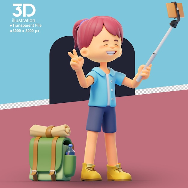 Ilustración 3d selfie de personaje 3d de viaje sobre fondo aislado