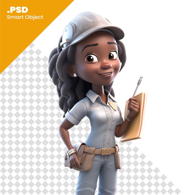 PSD ilustración 3d de una simpática trabajadora de la construcción afroamericana en una plantilla de psd