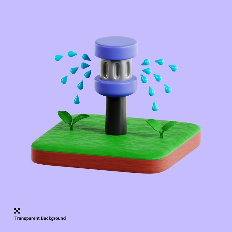 PSD ilustración en 3d de un sistema de rociadores eficiente en acción