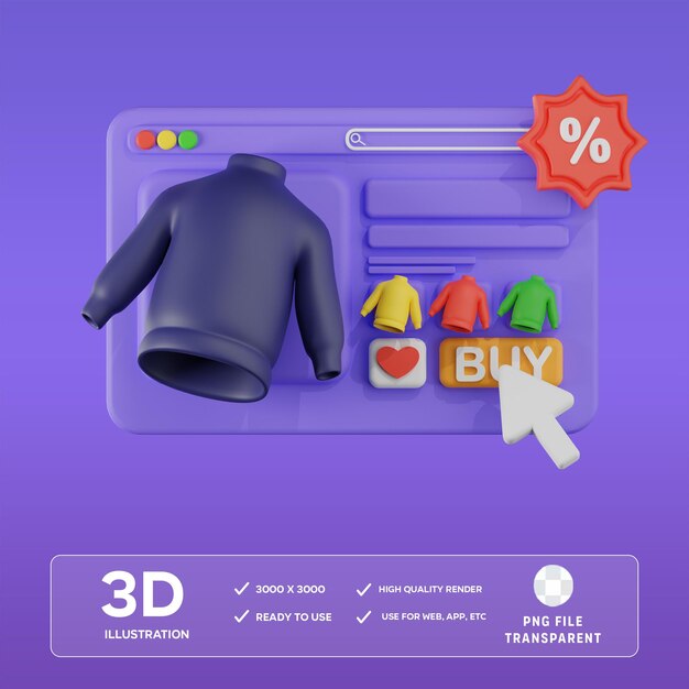 Ilustración 3D del sitio web de comercio electrónico de PSD