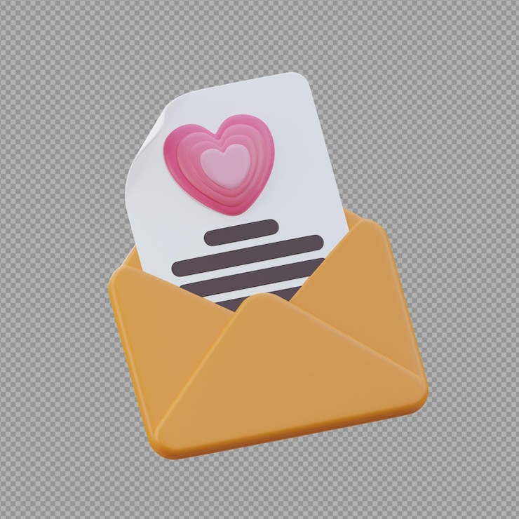 PSD ilustración 3d de un sobre amarillo con un corazón en él y un corazón en la parte superior en un fondo transparente