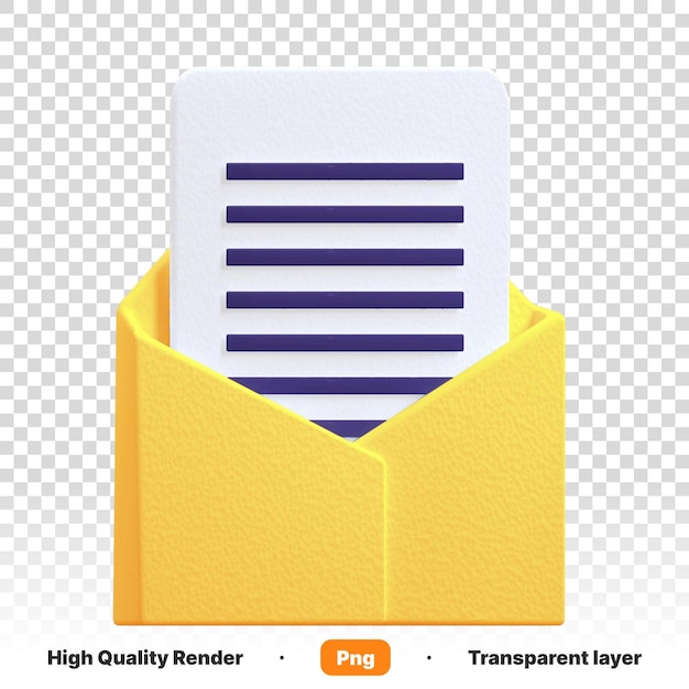 Ilustración 3D de un sobre púrpura con una etiqueta blanca para una carta de regalo en un fondo transparente