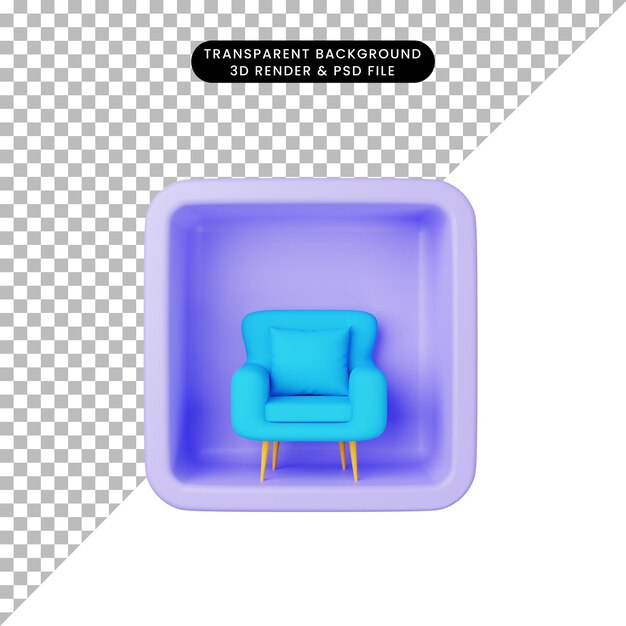 Ilustración 3D de sofás individuales de icono simple en cubo