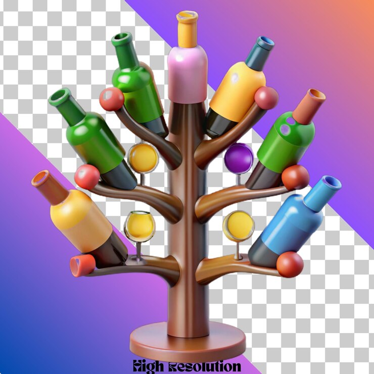 PSD ilustración 3d de un soporte de árbol de botellas de vino con botellas y vasos de colores