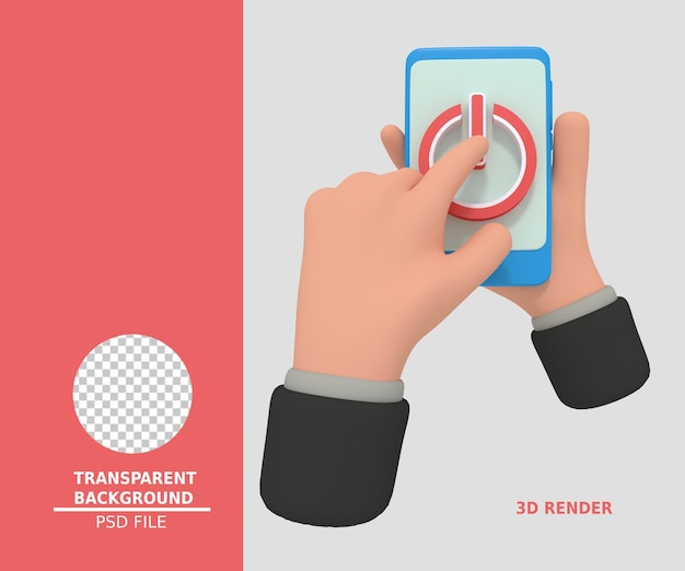 Ilustración 3d de sostener el teléfono inteligente con el icono de apagado