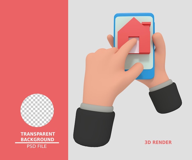 PSD ilustración 3d de sostener el teléfono inteligente con el icono de inicio