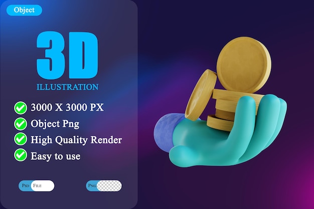 Ilustración 3D sosteniendo monedas 3
