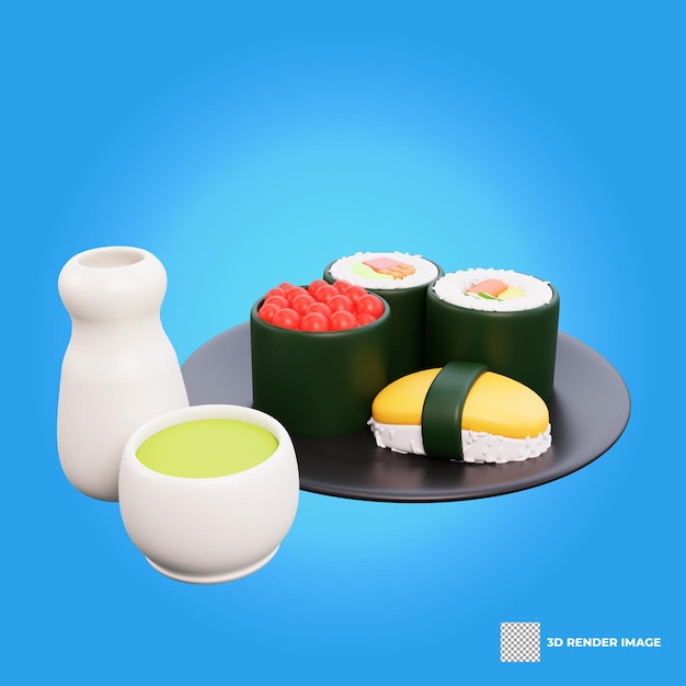 Ilustración 3d de sushi de comida asiática