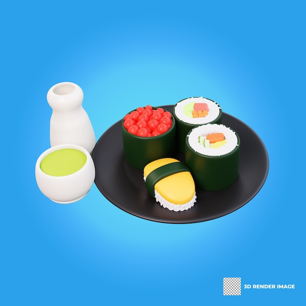 Ilustración 3d de sushi de comida asiática