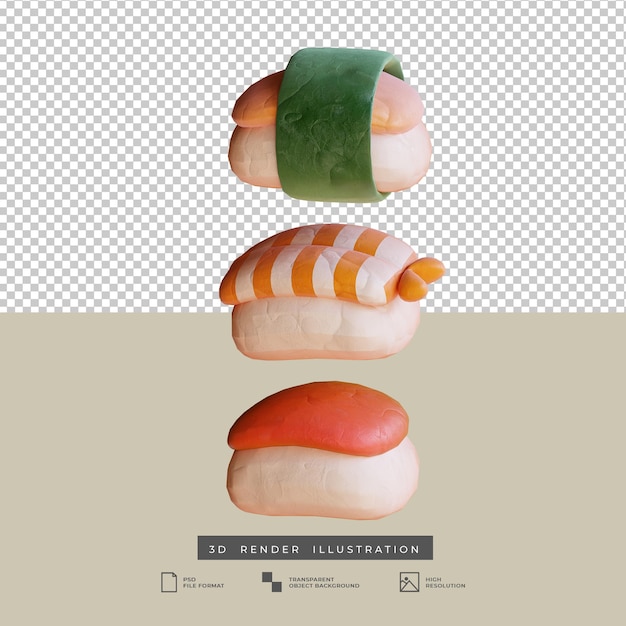 Ilustración 3d de sushi de comida japonesa linda estilo arcilla aislado