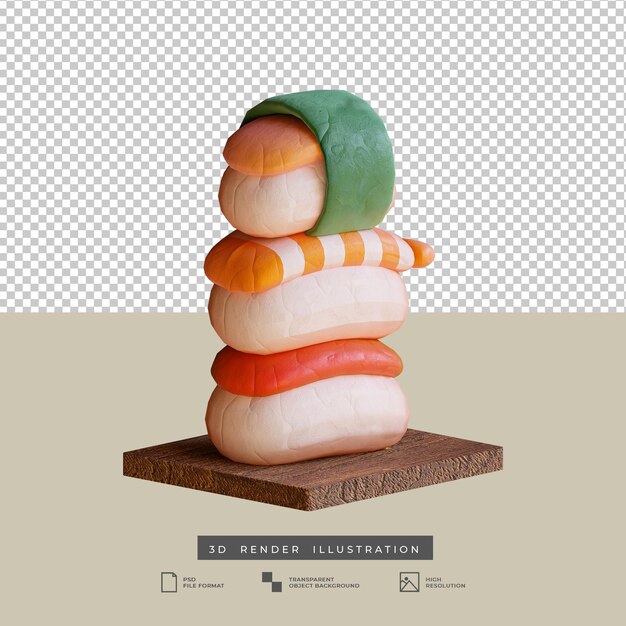 Ilustración 3d de sushi de comida japonesa linda estilo arcilla