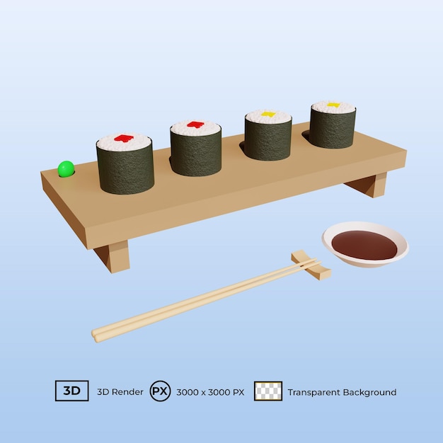 Ilustración 3D Sushi de rollo mixto de comida japonesa en la placa