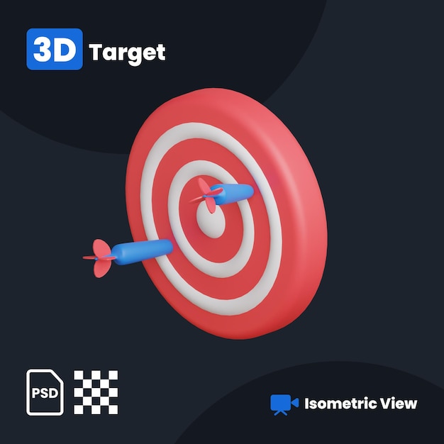 Ilustración 3D de tablero de dardos para el objetivo con una vista isométrica