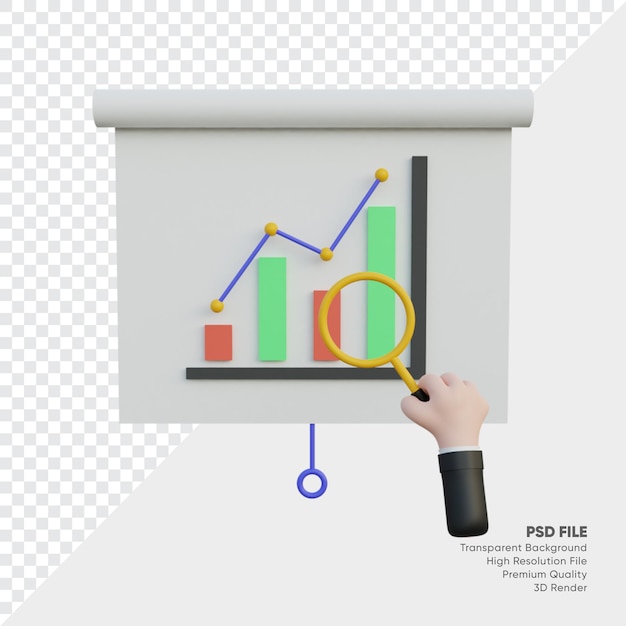 Ilustración 3d del tablero de informe de datos con la mano que sostiene el vidrio magnifyng