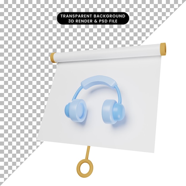 Ilustración 3d de tablero de presentación de objeto simple ligeramente inclinado con auriculares