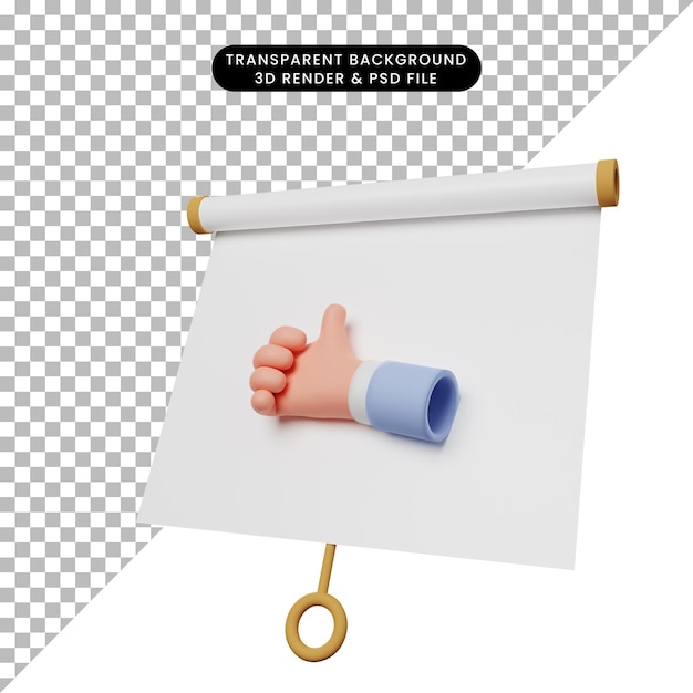 Ilustración 3d del tablero de presentación de objeto simple vista ligeramente inclinada con los pulgares hacia arriba de la mano