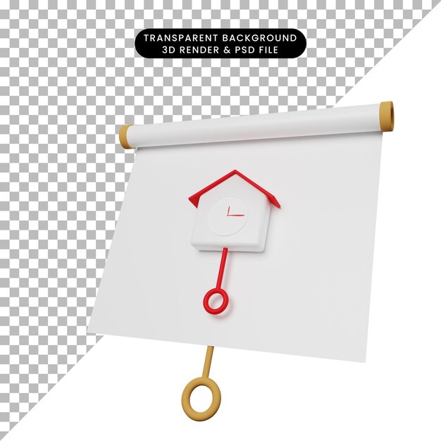 Ilustración 3d del tablero de presentación de objeto simple vista ligeramente inclinada con reloj de pared