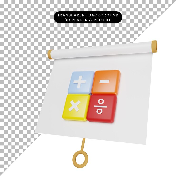 PSD ilustración 3d del tablero de presentación de objetos simples ligeramente inclinado con el icono de calculadora