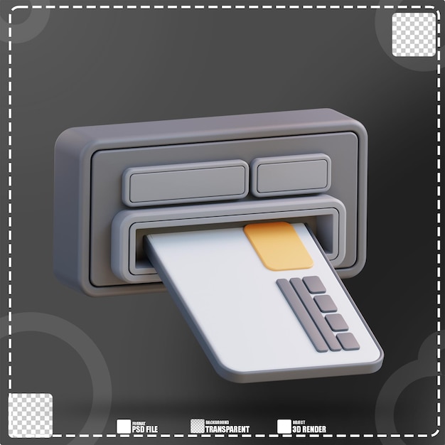 Ilustración 3d de tarjeta de cajero automático y máquina de retiro de efectivo 3