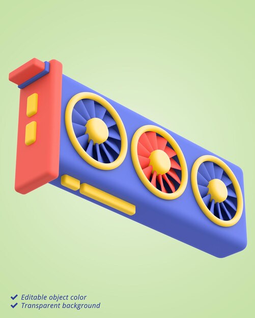 Ilustración 3D de una tarjeta gráfica de computadora que tiene ventiladores triples