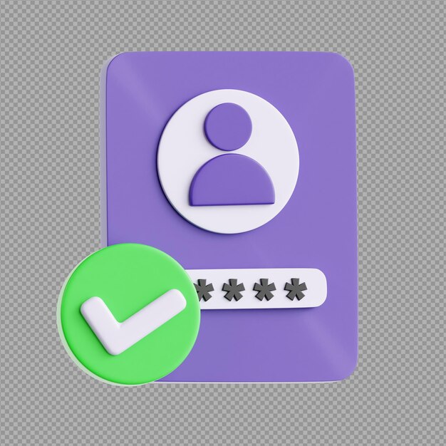 PSD ilustración 3d de una tarjeta de identidad de seguridad con una marca de marcación verde en un fondo transparente
