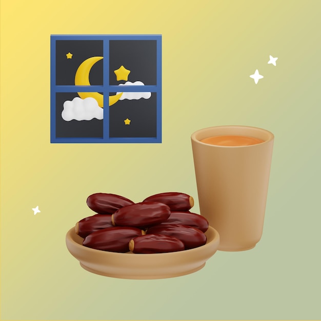 Ilustración 3D de una taza de té junto a un plato de dátiles