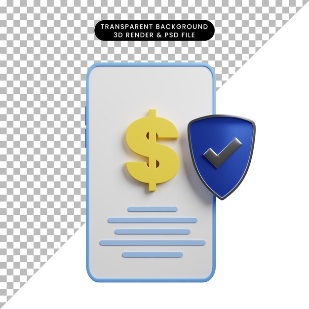 Ilustración 3d del teléfono inteligente de concepto de pago con icono de dólar y escudo