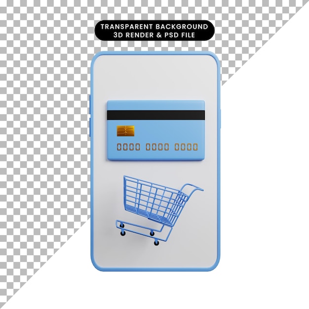 Ilustración 3d del teléfono inteligente de concepto de pago con tarjeta de crédito y carrito de compras