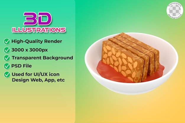 Ilustración 3D de tempeh frito con salsa en un plato de comida indonesia
