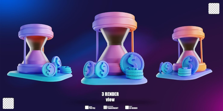 PSD ilustración 3d tiempo colorido y montones de dinero