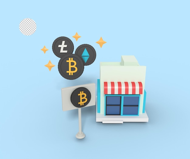 Ilustración 3d de una tienda de intercambio de bitcoins