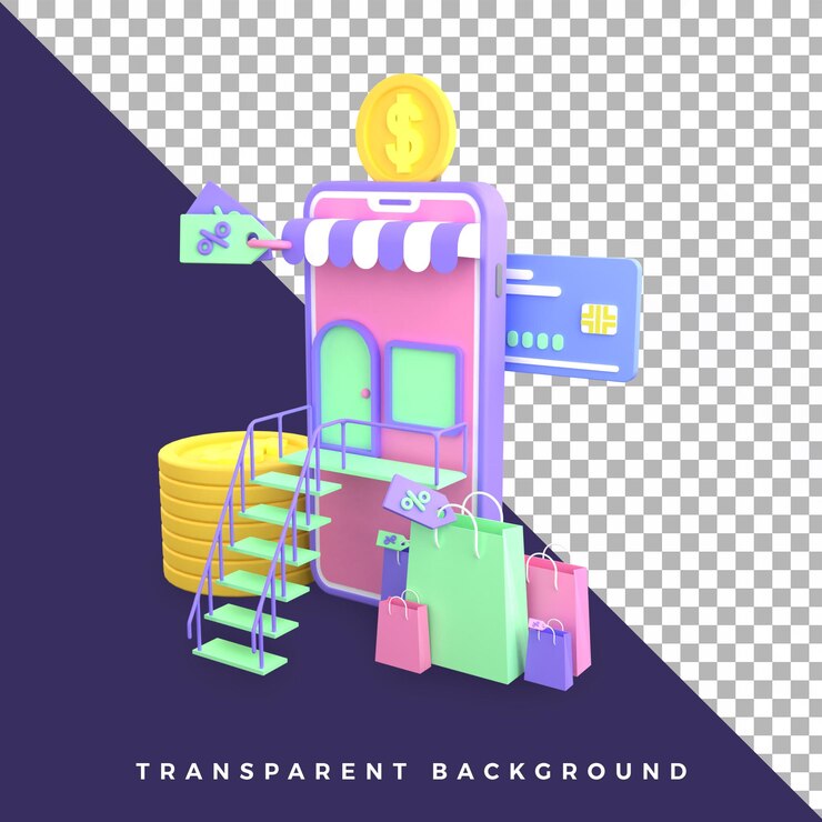 PSD ilustración 3d tienda móvil bolsa de compras online tarjeta de crédito ui ux objeto aislado de alta calidad