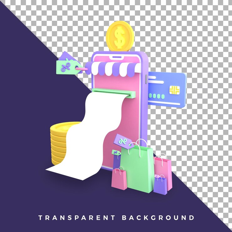 PSD ilustración 3d tienda móvil compras online pagar tarjeta de crédito ui ux objeto aislado de alta calidad