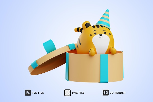 PSD ilustración 3d tigre lindo fuera de caja de regalo