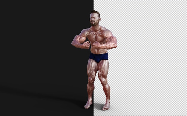 Ilustración 3d tipo sin camisa en bragas azules mostrando su cuerpo musculoso hombre culturista