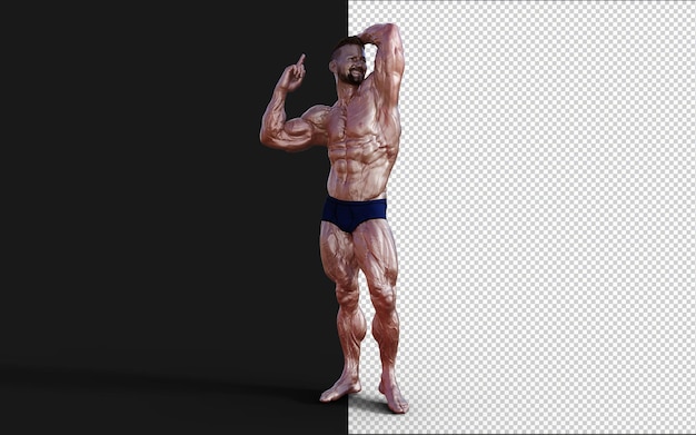 Ilustración 3d tipo sin camisa en bragas azules mostrando su cuerpo musculoso hombre culturista