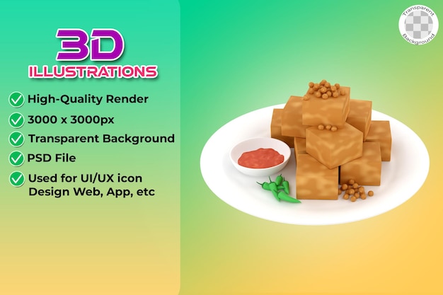 Ilustración 3D de tofu frito con pimienta de cayena y salsa en un plato de comida indonesia