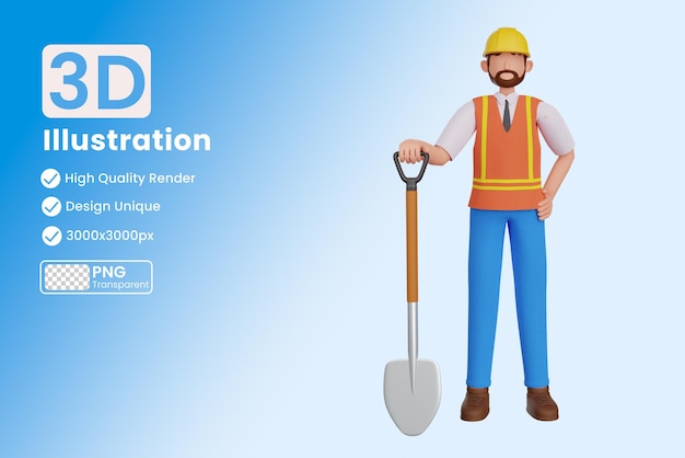 Ilustración 3d de trabajador de la construcción con pala