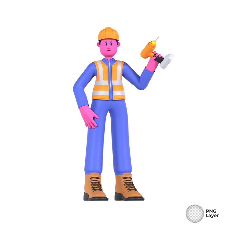 PSD ilustración 3d de un trabajador con una máquina de perforación de pared en la mano lista para abordar las tareas de instalación