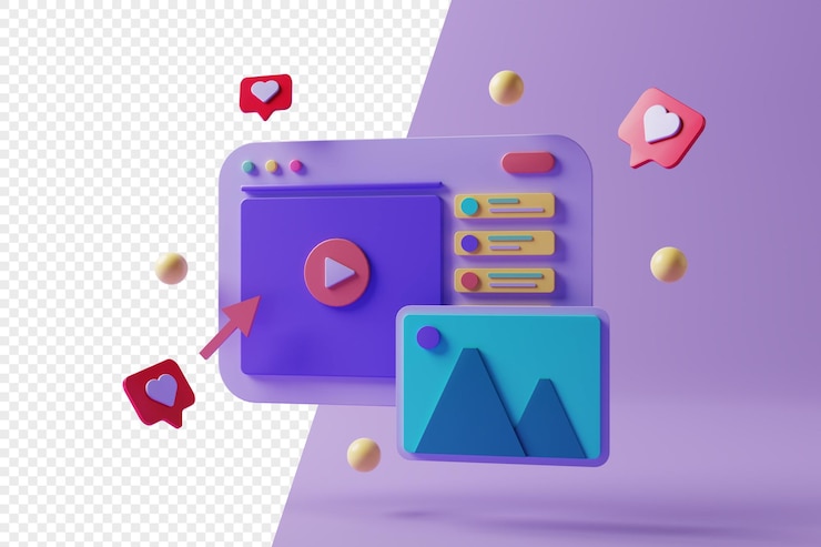 PSD ilustración 3d transmisión en vivo icono de amor botón de reproducción de color pastel haga clic en el icono volando ilustración 3d