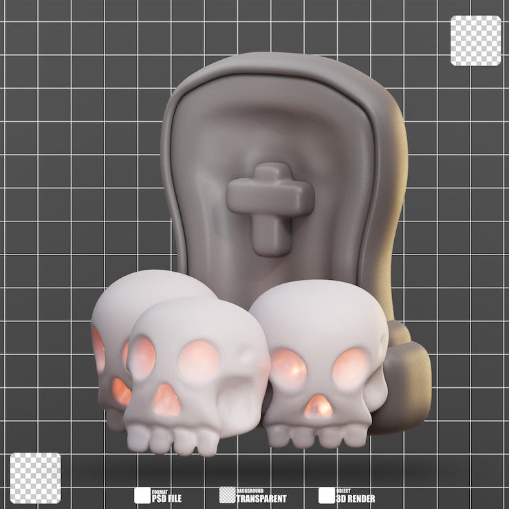 PSD ilustración 3d tres cráneos brillantes descansan ante una lápida gris 3