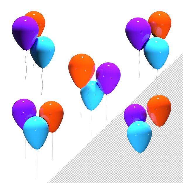 Ilustración 3d de tres globos ilustración 3d de globos azul cielo naranja púrpura