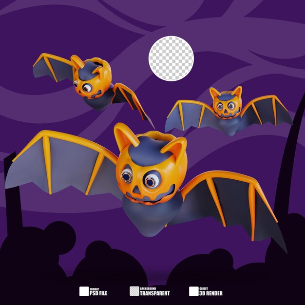 Ilustración 3d de tres murciélagos de halloween 2